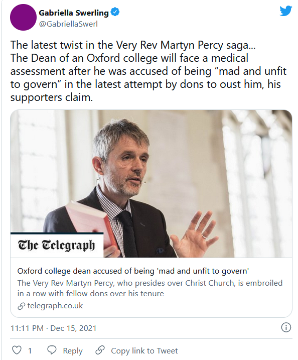 基督堂学院的理事会预备成立专家小组鉴定院长波西（the Very Rev Martyn Percy）的精神状态 ...