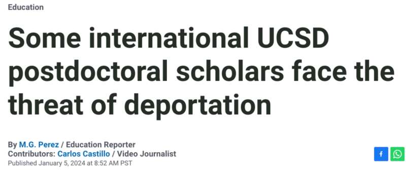 UCSD多名国际博士后面临驱逐出境威胁 含中国学者